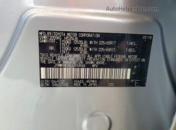 JTMWFREVXJJ194968 2018 TOYOTA RAV4 Silver Widok naklejki z numerem VIN