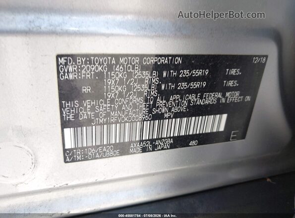 JTMY1RFV0KD008960 2019 TOYOTA RAV4 Silver Vista del compartimento del motor