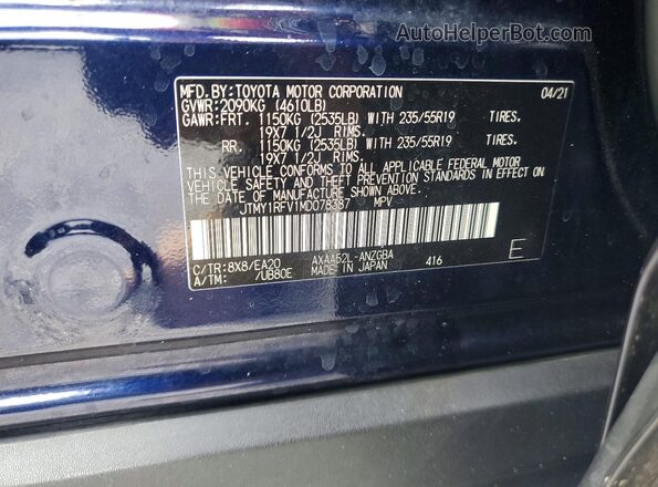 JTMY1RFV1MD078387 2021 TOYOTA RAV4 Blue VIN կոդի պիտակի տեսք