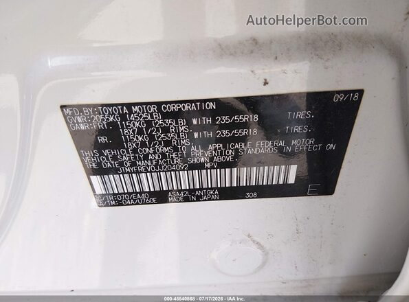 JTMYFREV0JJ204092 2018 TOYOTA RAV4 White Vista del compartimento del motor