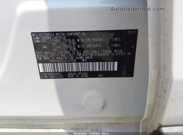 JTMYFREV2JJ167028 2018 TOYOTA RAV4 White Вид підкапотного простору