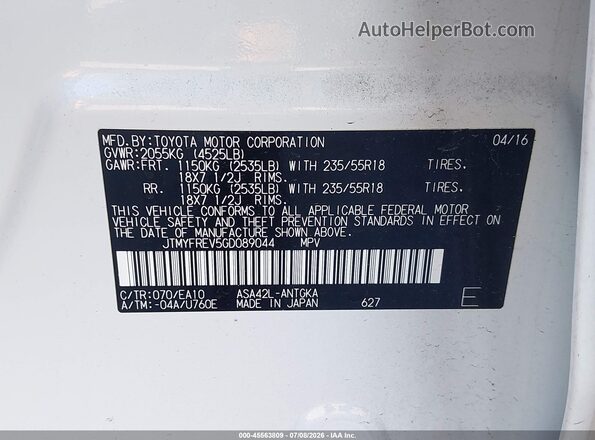 JTMYFREV5GD089044 2016 TOYOTA RAV4 White Widok komory silnika