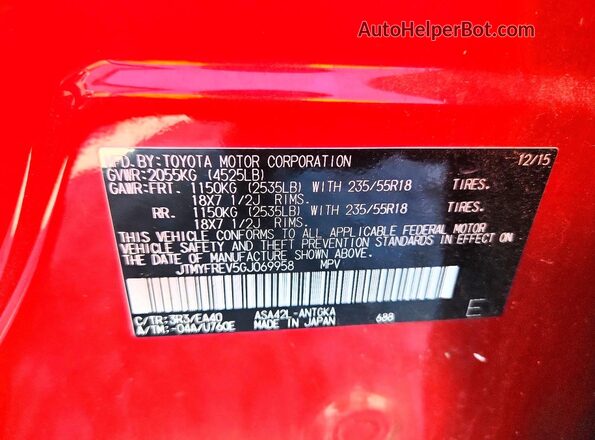 JTMYFREV5GJ069958 2016 TOYOTA RAV4 Red Vista de la etiqueta del VIN