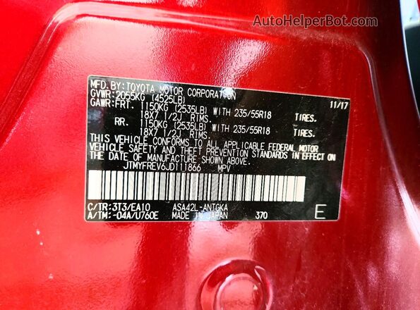 JTMYFREV6JD111866 2018 TOYOTA RAV4 Red VIN կոդի պիտակի տեսք