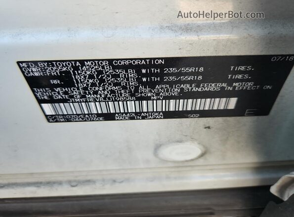 JTMYFREV8JJ198588 2018 TOYOTA RAV4 White VIN კოდის სტიკერის ხედი