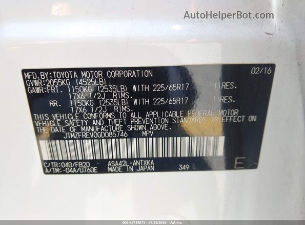 JTMZFREV0GD085746 2016 TOYOTA RAV4 White Շարժիչի բաժամունքի տեսք