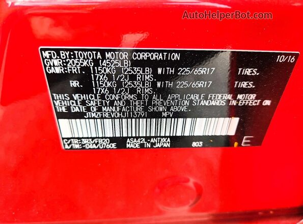 JTMZFREV0HJ113791 2017 TOYOTA RAV4 Red Widok naklejki z numerem VIN