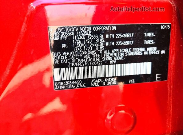 JTMZFREV1GJ060422 2016 TOYOTA RAV4 Red VIN კოდის სტიკერის ხედი