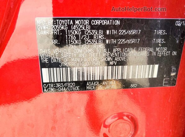 JTMZFREV1GJ077561 2016 TOYOTA RAV4 Red VIN კოდის სტიკერის ხედი