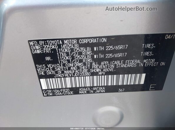 JTMZFREV1JD123380 2018 TOYOTA RAV4 Silver Widok komory silnika