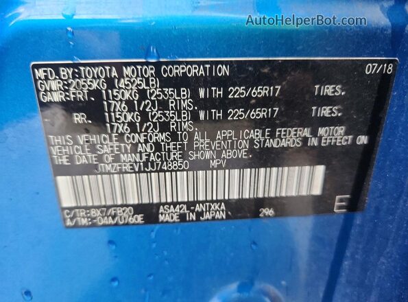 JTMZFREV1JJ748850 2018 TOYOTA RAV4 Blue Vista de la etiqueta del VIN