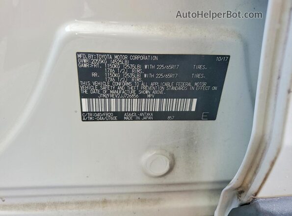 JTMZFREV2JJ726856 2018 TOYOTA RAV4 White VIN კოდის სტიკერის ხედი