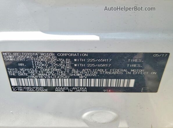 JTMZFREV3HJ142542 2017 TOYOTA RAV4 White Vista de la etiqueta del VIN
