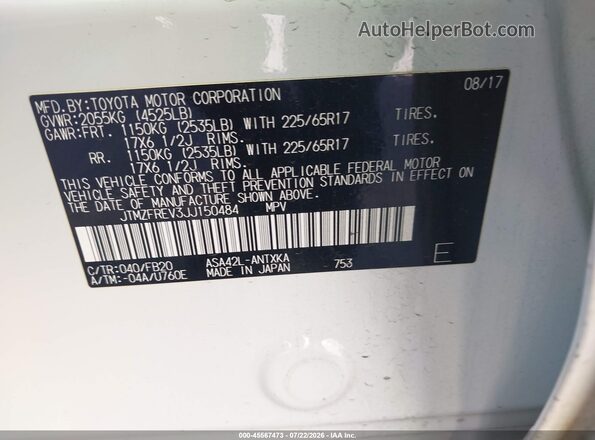 JTMZFREV3JJ150484 2018 TOYOTA RAV4 White Вид підкапотного простору