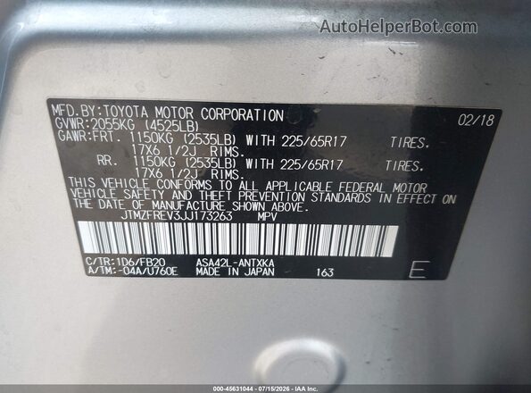 JTMZFREV3JJ173263 2018 TOYOTA RAV4 Silver Շարժիչի բաժամունքի տեսք