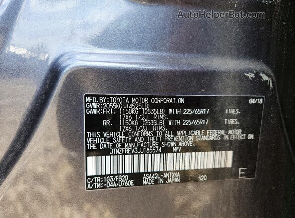 JTMZFREV3JJ185574 2018 TOYOTA RAV4 Gray VIN sticker view
