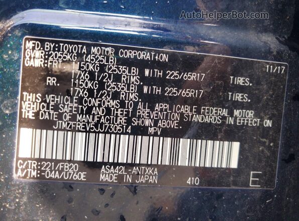 JTMZFREV5JJ730514 2018 TOYOTA RAV4 Blue Widok naklejki z numerem VIN