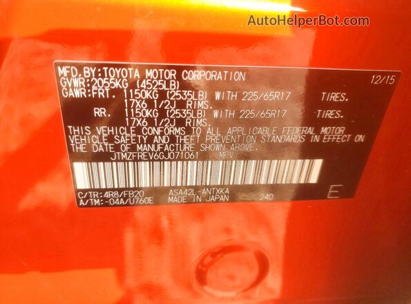 JTMZFREV6GJ071061 2016 TOYOTA RAV4 Red VIN կոդի պիտակի տեսք