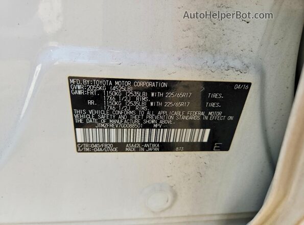 JTMZFREV7GD088501 2016 TOYOTA RAV4 White VIN sticker view