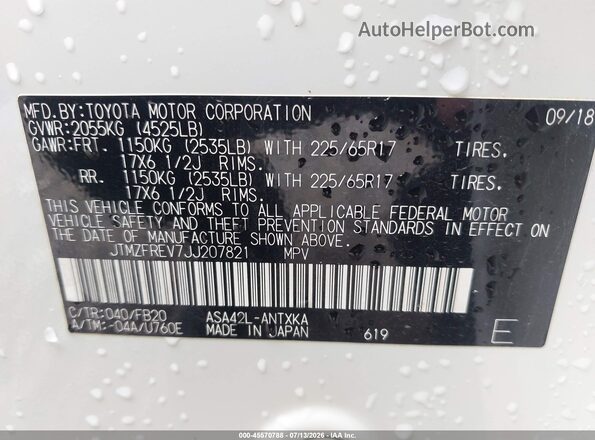 JTMZFREV7JJ207821 2018 TOYOTA RAV4 White Vista del compartimento del motor