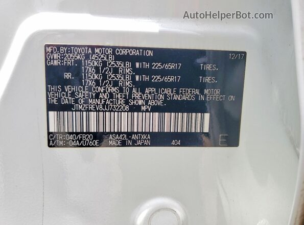 JTMZFREV8JJ732208 2018 TOYOTA RAV White VIN կոդի պիտակի տեսք