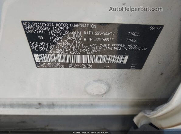 JTMZFREV9JJ154555 2018 TOYOTA RAV4 White Widok komory silnika