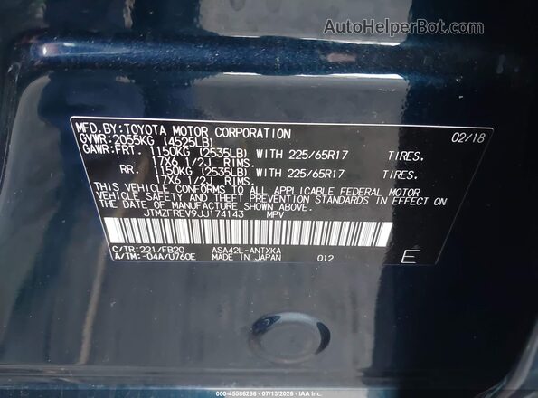 JTMZFREV9JJ174143 2018 TOYOTA RAV4 Blue Vista del compartimento del motor