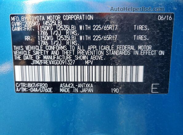 JTMZFREVXGD091327 2016 TOYOTA RAV4 Blue VIN კოდის სტიკერის ხედი