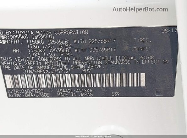 JTMZFREVXJJ152121 2018 TOYOTA RAV4 Белый Вид подкапотного пространства