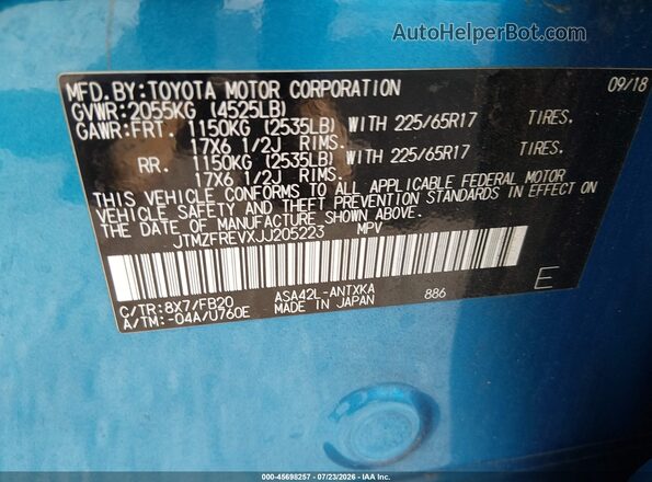 JTMZFREVXJJ205223 2018 TOYOTA RAV4 Blue Vista del compartimento del motor