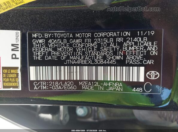 JTNA4RBEXL3084445 2020 TOYOTA COROLLA Black Շարժիչի բաժամունքի տեսք
