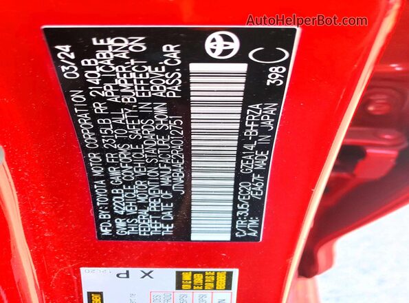 JTNABAAE2RA012751 2024 TOYOTA GR Red VIN კოდის სტიკერის ხედი