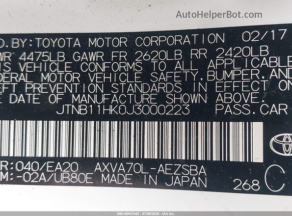JTNB11HK0J3000223 2018 TOYOTA CAMRY Белый Вид подкапотного пространства