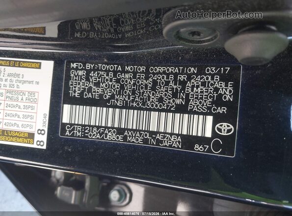 JTNB11HKXJ3000472 2018 TOYOTA CAMRY Черный Вид подкапотного пространства