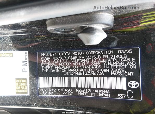 JTND4MBE1S3246736 2025 TOYOTA COROLLA Black Вид підкапотного простору