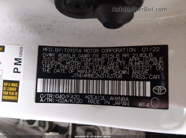 JTND4MBE2N3163708 2022 TOYOTA COROLLA White ძრავის განყოფილების ხედი