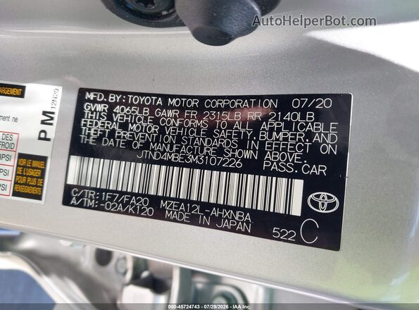 JTND4MBE3M3107226 2021 TOYOTA COROLLA Silver Engine compartment view