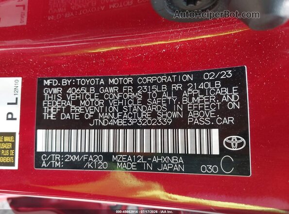 JTND4MBE3P3202339 2023 TOYOTA COROLLA Red Vista del compartimento del motor
