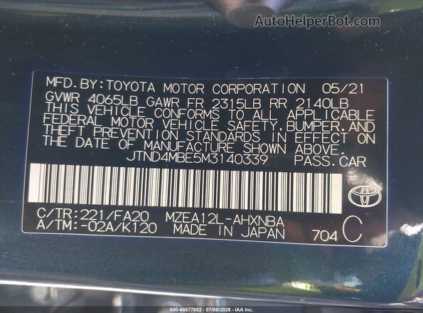 JTND4MBE5M3140339 2021 TOYOTA COROLLA Dark Blue Вид подкапотного пространства