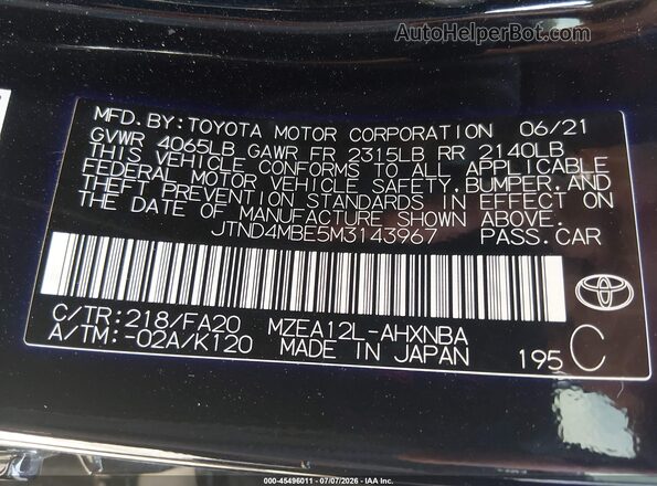 JTND4MBE5M3143967 2021 TOYOTA COROLLA Dark Blue Engine compartment view