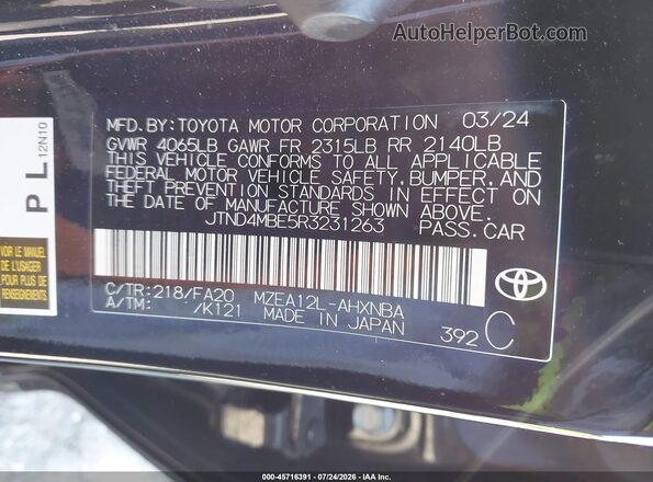 JTND4MBE5R3231263 2024 TOYOTA COROLLA Black Engine compartment view