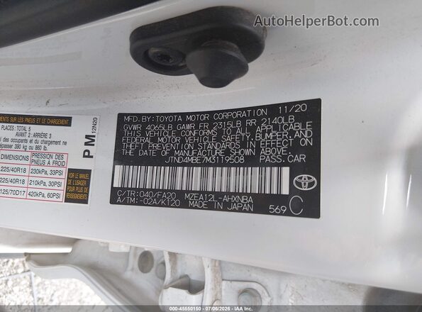 JTND4MBE7M3119508 2021 TOYOTA COROLLA White ძრავის განყოფილების ხედი