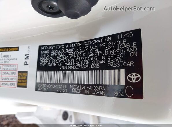 JTND4MBE7T3258388 2026 TOYOTA COROLLA White Շարժիչի բաժամունքի տեսք