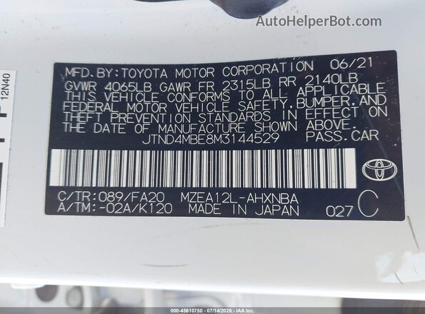 JTND4MBE8M3144529 2021 TOYOTA COROLLA Белый Вид подкапотного пространства