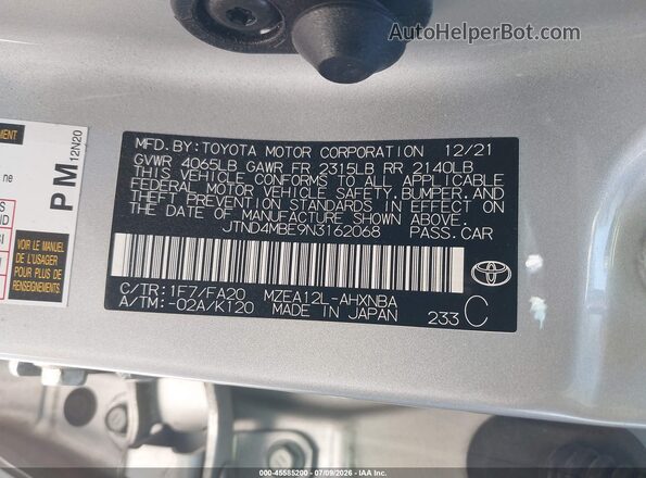 JTND4MBE9N3162068 2022 TOYOTA COROLLA Silver ძრავის განყოფილების ხედი