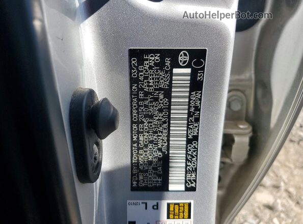 JTND4RBE8L3101109 2020 TOYOTA COROLLA Silver Вид наклейки з VIN-кодом
