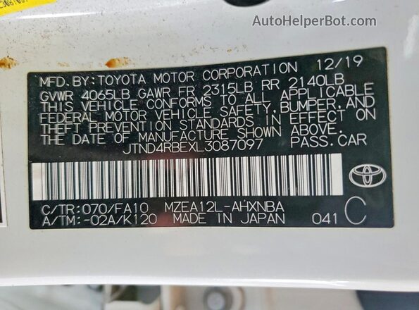JTND4RBEXL3087097 2020 TOYOTA COROLLA Белый Вид подкапотного пространства