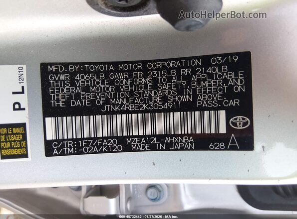 JTNK4RBE2K3054911 2019 TOYOTA COROLLA Silver Вид підкапотного простору