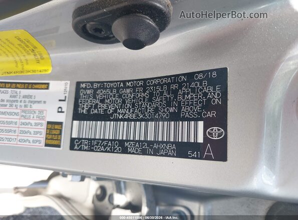 JTNK4RBE3K3014790 2019 TOYOTA COROLLA Silver ძრავის განყოფილების ხედი