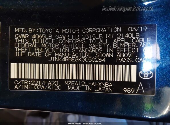 JTNK4RBE8K3050264 2019 TOYOTA COROLLA Dark Blue Вид підкапотного простору